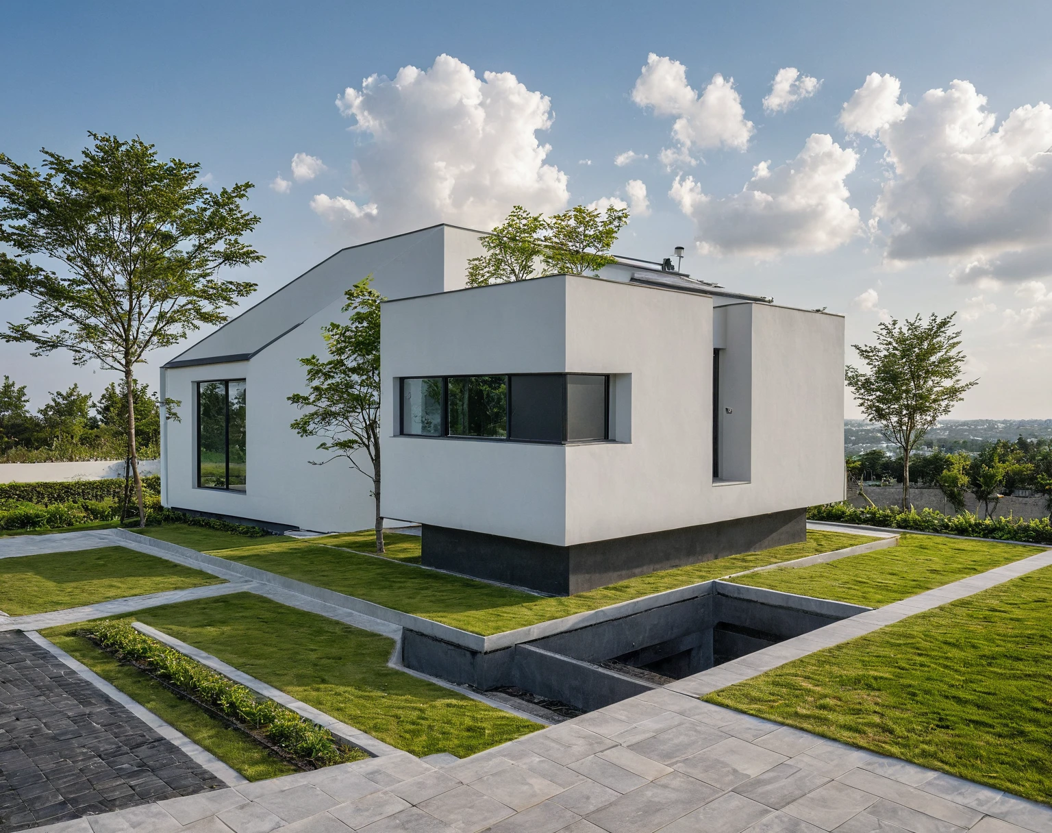 Masterpiece, high quality, best quality, authentic, super detail, outdoors, onestoreyvillaXL, aiaigroup, house style modern on the street ,stairs, white wall ,road,pavement, grass, trees, sky, cloud, (daylight:1.1)