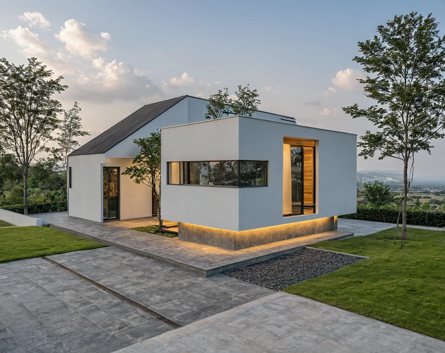 Masterpiece, high quality, best quality, authentic, super detail, outdoors, onestoreyvillaXL, aiaigroup, house style modern on the street ,stairs, white wall ,road,pavement, grass, trees, sky, cloud, (daylight:1.1)
