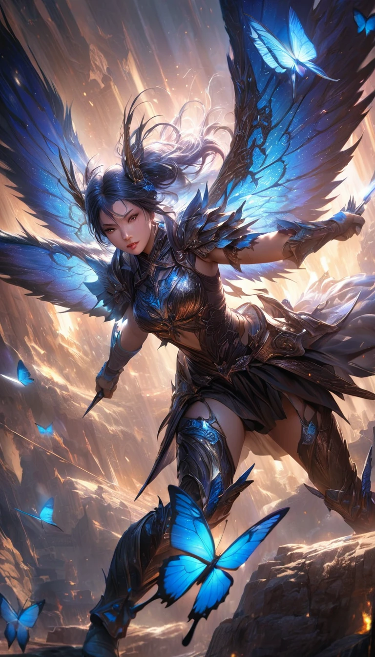 (best quality,ultra-detailed,realistic:1.37), anthropomorphic blue butterfly, fierce warrior, soaring through the sky, engaged in an epic air battle. The scene is set amidst a mesmerizing lighting in the air, creating a dark fantasy ambiance. The artwork is depicted with sharp focus, allowing for intricate details to be highlighted, with vibrant colors that enhance the ethereal lighting.
