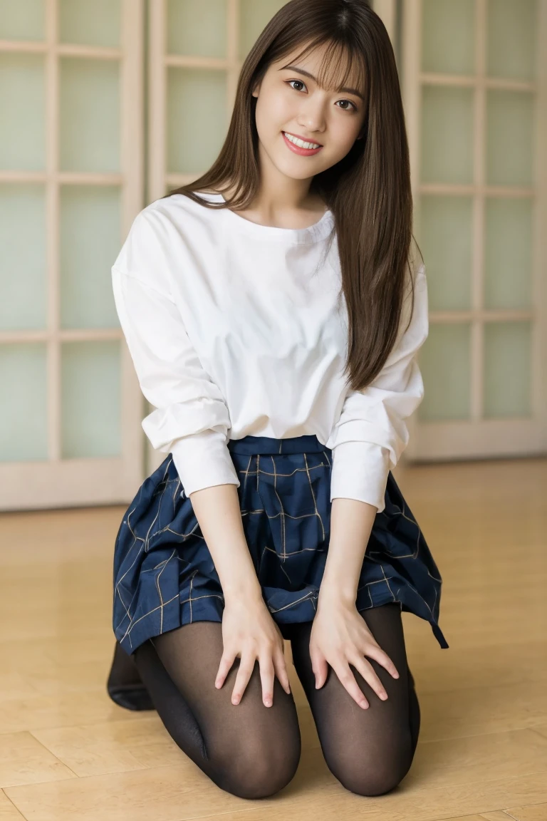 (Happy expression:1.26)、RAW Photos、(((The ultimate beauty full-body photo)))、((Glowing Skin))、1 girl、Beautiful girl at 25 years old、Bright expression、((Brown haired))、girl wearing a sweatshirt、Checkered Pleated Skirt、View from the floor、(Long stockings or pantyhose)、(Lift your skirt yourself)、Big Breasts、Spread your legs、Showing panties、((Very detailed))、(Perfectly detailed face)、(Great hands)、(Finger details)、(Good human structure)、Photorealistic images、最high quality、Very detailed、Film Light、Intricate details、High resolution、Very detailed))、Detailed Background、8KUHD、Digital single-lens reflex camera、Soft Light、high quality、Film Grain、Fujifilm XT3 、Shallow depth of field、natural Soft Light、Kamimei、