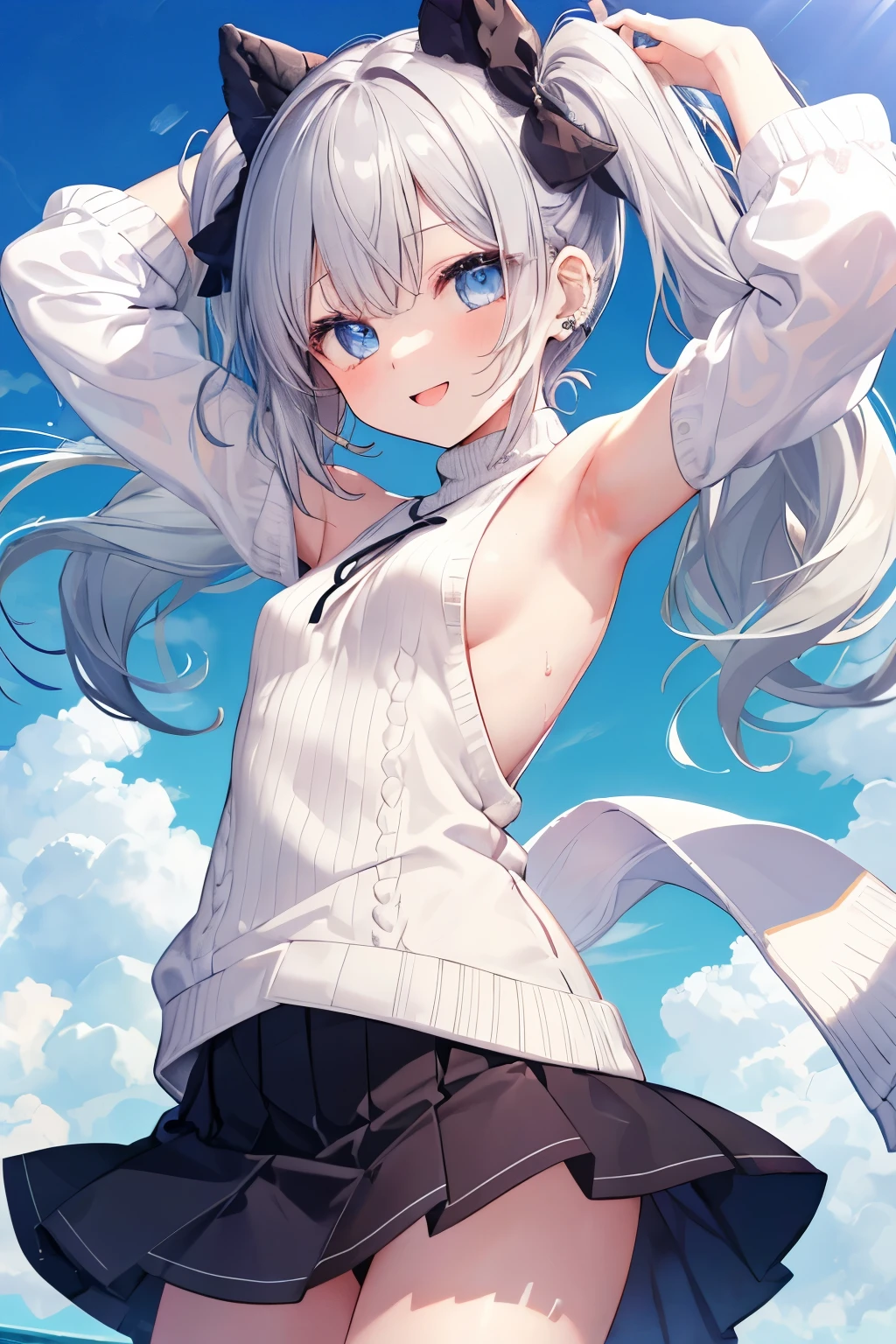 Silver-haired blue eyes、 girl、Small breasts、Twin tails、Laughter、Nico Nico Smile、Wink、 girl、Looks about 15 years old、Petan Musume、short、There are highlights in the eyes、Gal-like appearance、Wearing piercings、Knit sweater, sleeveless, body line, underarm、mini skirt、The wind is blowing and my panties are showing through my skirt、It was so hot that I sweated、blue sky、Light and cute、Show your armpits、Side view