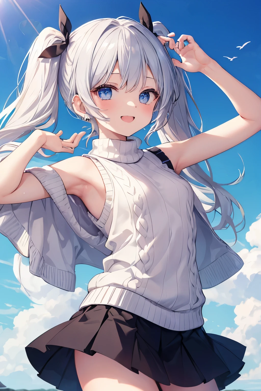 Silver-haired blue eyes、 girl、Small breasts、Twin tails、Laughter、Nico Nico Smile、Wink、 girl、Looks about 、Petan Musume、short、There are highlights in the eyes、Gal-like appearance、Wearing piercings、Knit sweater, sleeveless, body line, underarm、mini skirt、The wind is blowing and my panties are showing through my skirt、It was so hot that I sweated、blue sky、Light and cute、Show your armpits、Side view