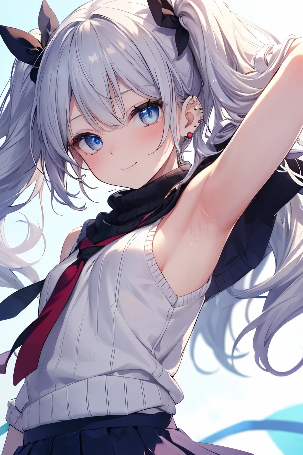 Silver-haired blue eyes、 girl、Small breasts、Twin tails、Laughter、Nico Nico Smile、Wink、 girl、Looks about 15 years old、Petan Musume、short、There are highlights in the eyes、Gal-like appearance、Wearing piercings、Knit sweater, sleeveless, body line, underarm、mini skirt、The wind is blowing and my panties are showing through my skirt、It was so hot that I sweated、blue sky、Light and cute、Show your armpits、Side view