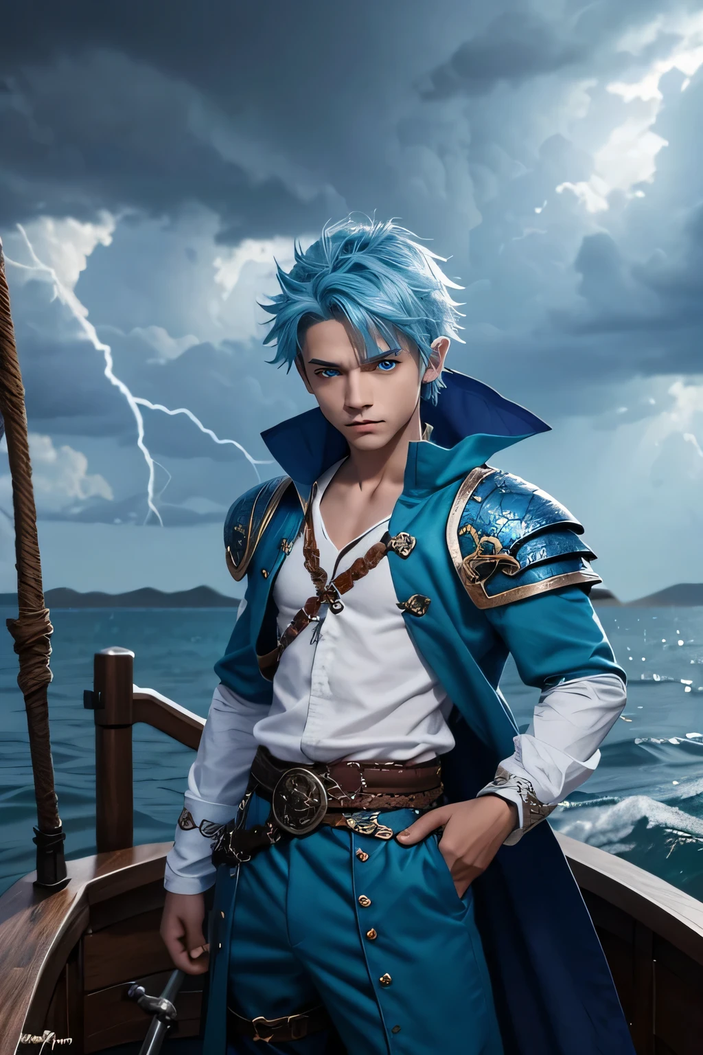 teenager dragon boy, 16 years old, short sky blue hair, sky blue eyes, pirate outfit with white shirt, blue dragon's scales on his face, magic wind and storm around him, on a wood boat, D&D, genasi, djinn