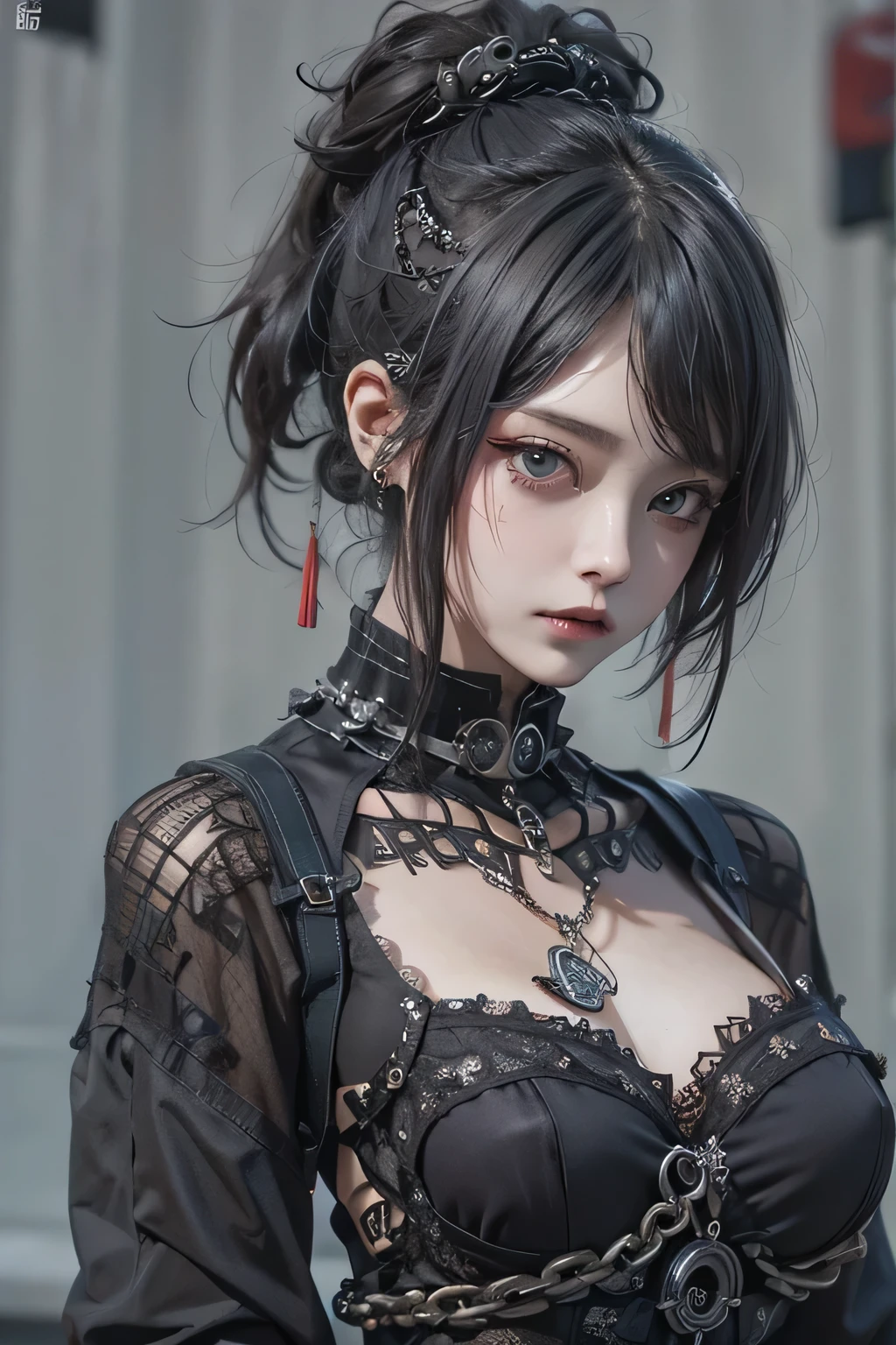 top-quality、8K、​masterpiece：1.3、Gothic punk、Red inner color、A grey dark-haired、hair adornments、a beauty girl、creative、punk style:1.5、Neogos、Goth Fashion：1.2、shoulder out, shirt style,high resolution、​masterpiece、top-quality、headw:1.3、((Hasselblad photo))、Fine-grained skin、Sharp Focus、(lighting like a movie)、Realistic texture, walking Tokyo night, Put your chest together, serious expression 