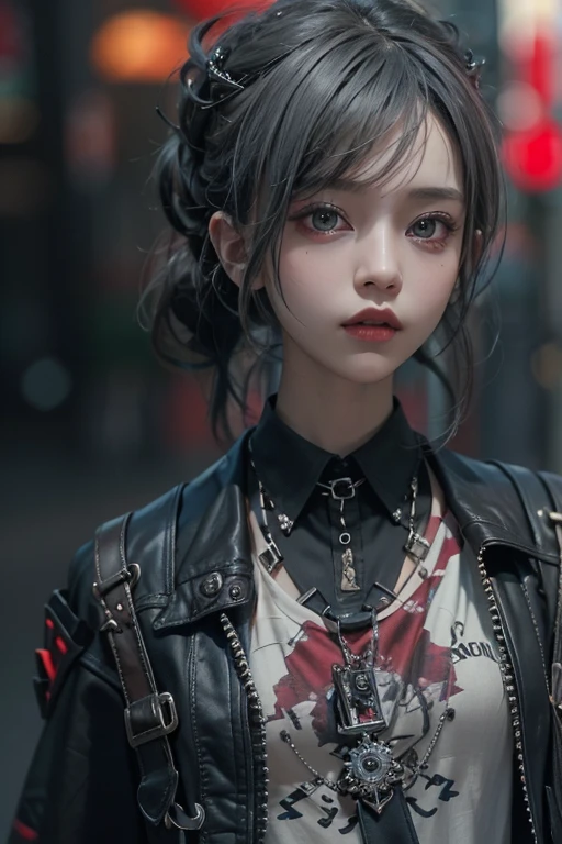 top-quality、8K、masterpiece:1.3、Gothic punk、Red inner color、A grey dark-haired、hair adornments、a beauty girl、creative、punk shirt & skirt style、Neogos、Goth Fashion:1.2、high resolution、masterpiece、top-quality、headw:1.3、((Hasselblad photo))、Fine-grained skin、Sharp Focus、(lighting like a movie)、walking Tokyo night under the neon the back,
