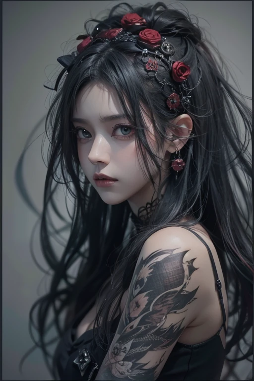 top-quality、8K、​masterpiece：1.3、Gothic punk、Red inner color、A grey dark-haired、hair adornments、a beauty girl、creative、dark fantasy style、Neogos、Goth Fashion：1.2、hight resolution、​masterpiece、top-quality、headw:1.3、((Hasselblad photo))、Fine-grained skin、Sharp Focus、(lighting like a movie)、Realistic texture m hair