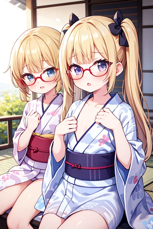 4k,Two Girls,girl friend,(micro yukata:1.2),Lewd,sexy,Blonde twin tails,(My chest is exposed:1.2),(The yukata is transparent:1.2), ((younger sister:1.5)),Glasses,Flat Chest,