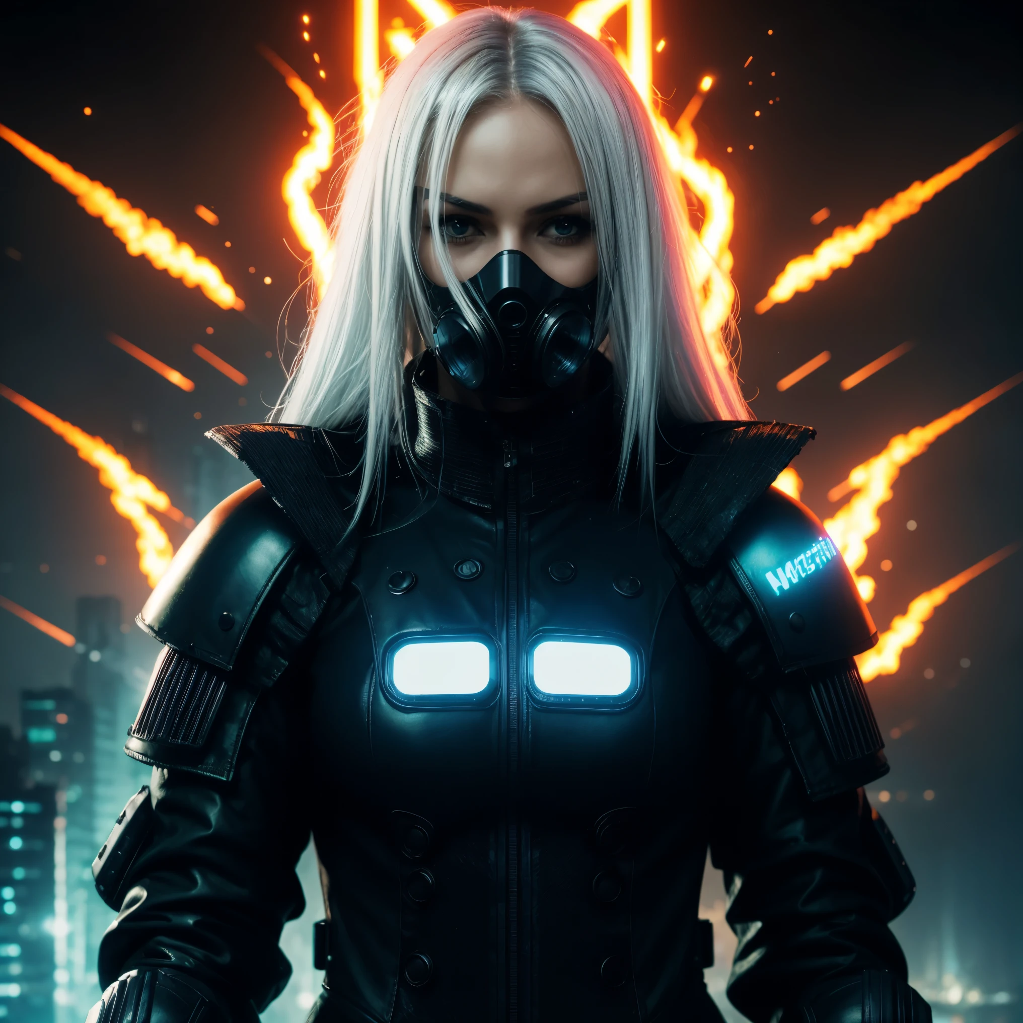 ((Realistisch, best quality, Meisterwerk: 1.3)), cyberpunk woman with cyberpunk mask, cyber suit, close up face, white hair, gasmask, dark atmosphere, cyberpunk city background, movie poster, cd cover, cinematic view, inferno, fire, sparks, smoke, upper body, dark, apokalypse, hell, explosions, album cover look, neon lights light effects,
