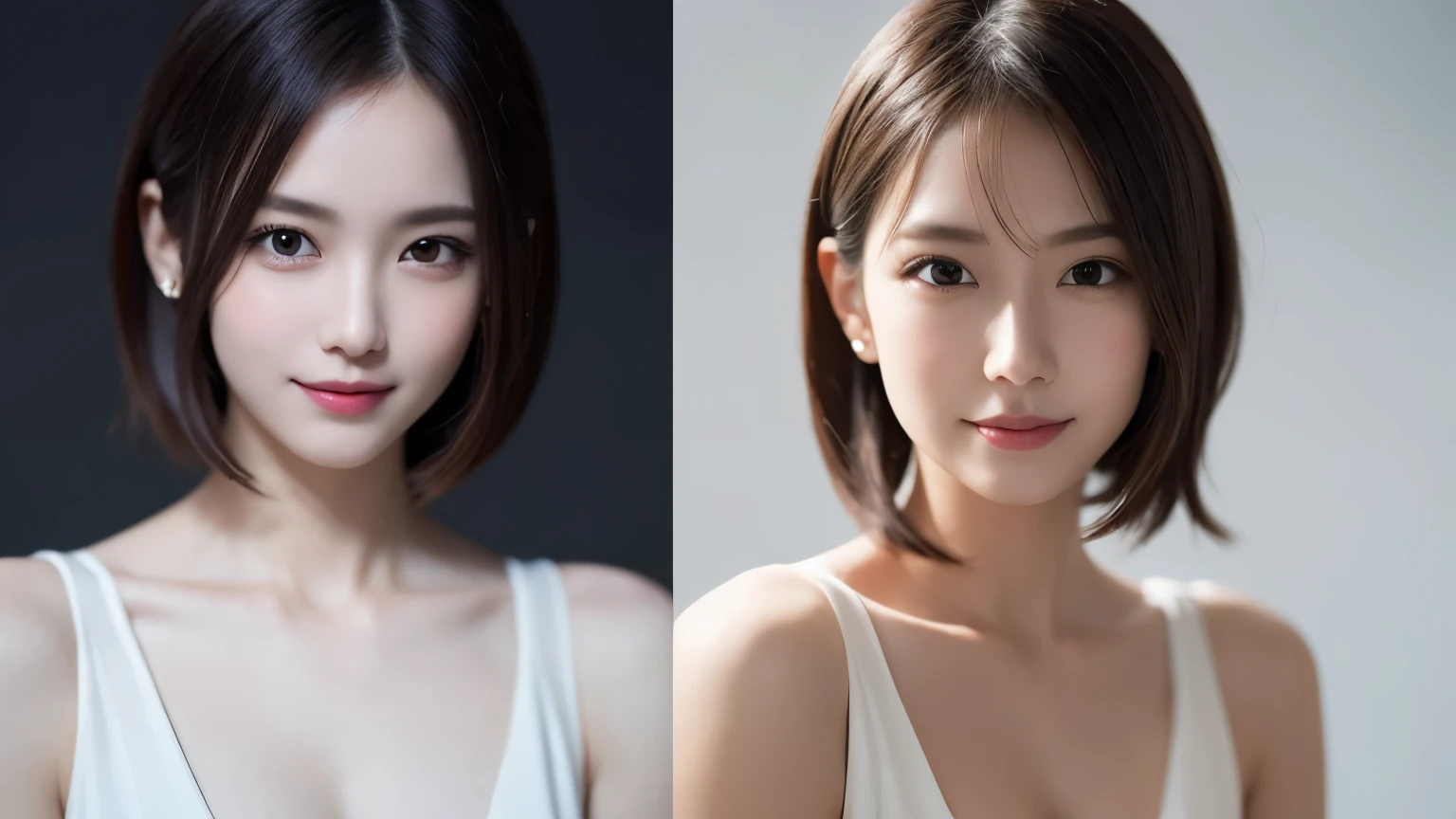 One Girl, (Dress in trendy fashion:1.2), (RAW Photos, highest quality), (Realistic, Photorealistic:1.4), Tabletop, Very delicate and beautiful, Very detailed, 2k wallpaper, wonderful, In detail, Very detailedな CG Unity 8K 壁紙, Very detailedな, High resolution, Soft Light, Beautiful detailed girl, looking at the camera、Very detailedな目と顔, Beautifully detailed nose, Beautiful fine details, short hair, small, High-end black suit、White background、Background is white、Cinema Lighting, Perfect Anatomy, Slender body, smile,