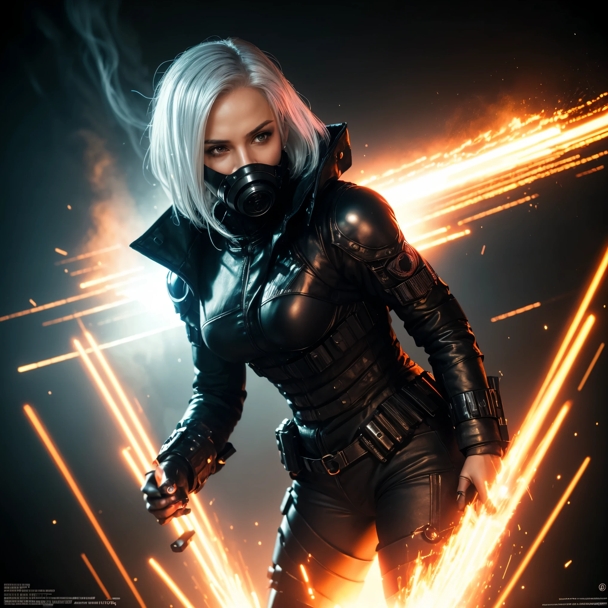 ((Realistisch, best quality, Meisterwerk: 1.3)), cyberpunk woman with cyberpunk mask, cyber suit, close up face, white hair, gasmask, dark atmosphere, cyberpunk city background, movie poster, cd cover, cinematic view, inferno, fire, sparks, smoke, upper body, dark, apokalypse, hell, explosions, album cover look, neon lights light effects,