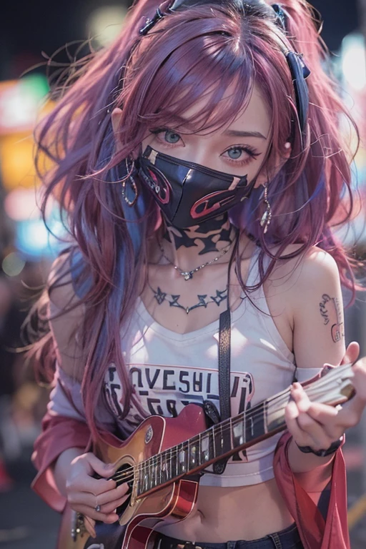Sleeveless、The tattoo、bright red、Really red、Red、Red-haired、rot、red hairs、head phone、🎧、goth_punk, 1girl in, solo, medium shot, Walking in Harajuku, ((during night)), bokeh dof, Neon light, Iridescent eyes, starrysky, red glowing hair, Black eyebrows, Radiant hair, (iridescent red hair), 耳Nipple Ring, bangss, jewely, masks, bluntbangs, verd s eyes, Mouth mask, blurry backround, bblurry, hair adornments, Look at viewers, shorth hair, portraitures, side locks、goth、(masutepiece), (Portrait), (Aesthetic), (Beautiful), (upper blody), (High quality), (aesthetic clothings), (professional angle), (thirds rule), (Feminine), (Woman), (Female), (Beautiful),(Feminine features), (25-years old), Solo, 1 woman, (Charming punk girl), Winters, Dramatic light, ((Playing guitar)), (Standing), Edgy makeup, (Small bust), ((electric guitar)), (Front face), (Defiant expression), ((defiance)), (Leather jackets and tattoos), ((Short hair)), (dyed (E.G. and pinks) hair), (spiky hair), (Thick hair), Matte Shine Hair, (Hair bands scattered in the hair), (Green eyes), (Bold and bold look), (pale skin), (Dark clothes), (Band T-shirt), (Ripped jeans), (-), crew neckline), ((Urban alley background)), (up close shot), Beautiful hands, Two hands, normal hands, Two arms, complete hands, Beautiful body, Beautiful fingers, normal fingers, Five Fingers, Five Fingers, (Thumb index finger ring finger), Beautiful ears, normal ears, Beautiful eyes, shiny eyes, Beautiful mouth, Beautiful lips,
