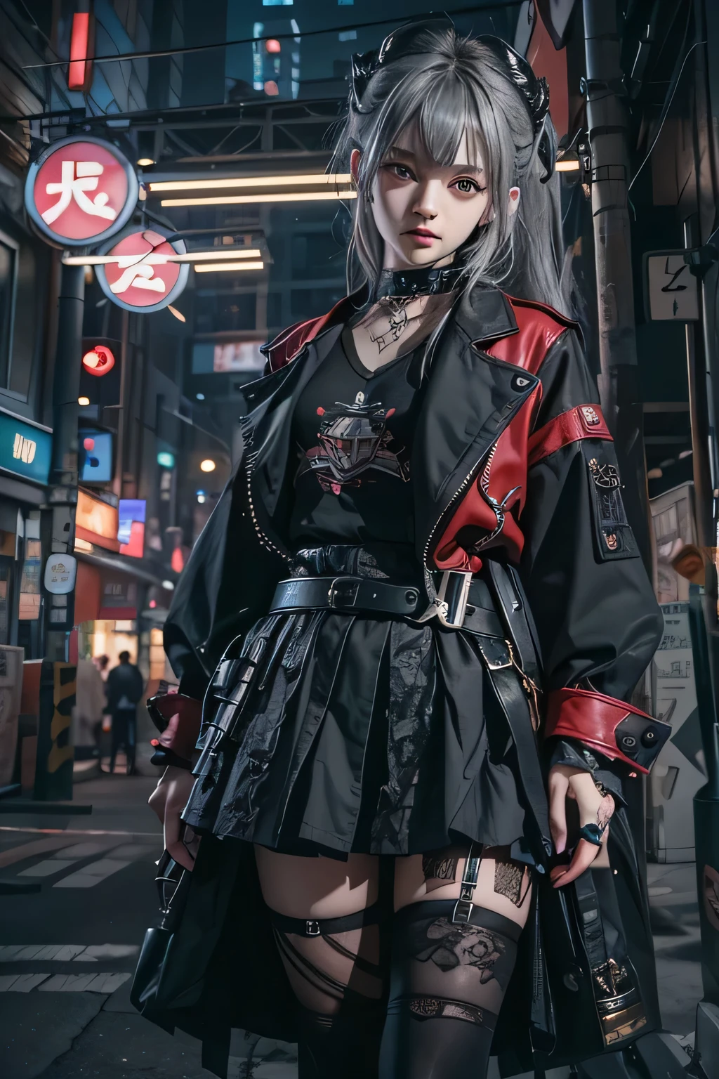 top-quality、8K、masterpiece:1.3、Gothic punk、Red inner color、A grey dark-haired、hair adornments、a beauty girl、creative、punk shirt & skirt style、Neogos、Goth Fashion:1.2、high resolution、masterpiece、top-quality、headw:1.3、((Hasselblad photo))、Fine-grained skin、Sharp Focus、(lighting like a movie)、walking Tokyo night under the neon the back,