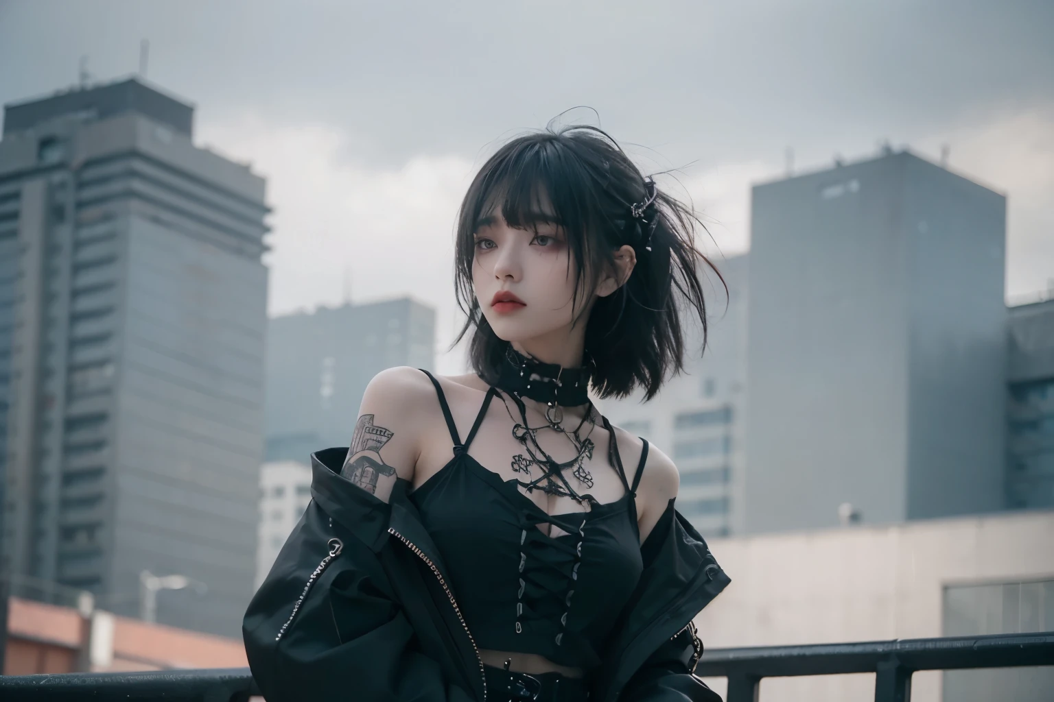 from below, minimum, harmony, tranquility, aesthetic, grey sky, cloudy sky, in Rooftop, obscure light and shadow, 1 girl, 24-years-old, slender, floating Medium Hair, bangs, (Gothic_Punk:1.2), masterpiece, best quality, RAW Photos, sigma 50mm f1.4, candytt, Detailed costume,