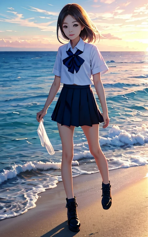 Walk along the coast、、girl、alone、solo。、mini skirt