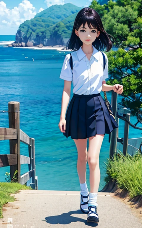Walk along the coast、、girl、alone、solo。、mini skirt