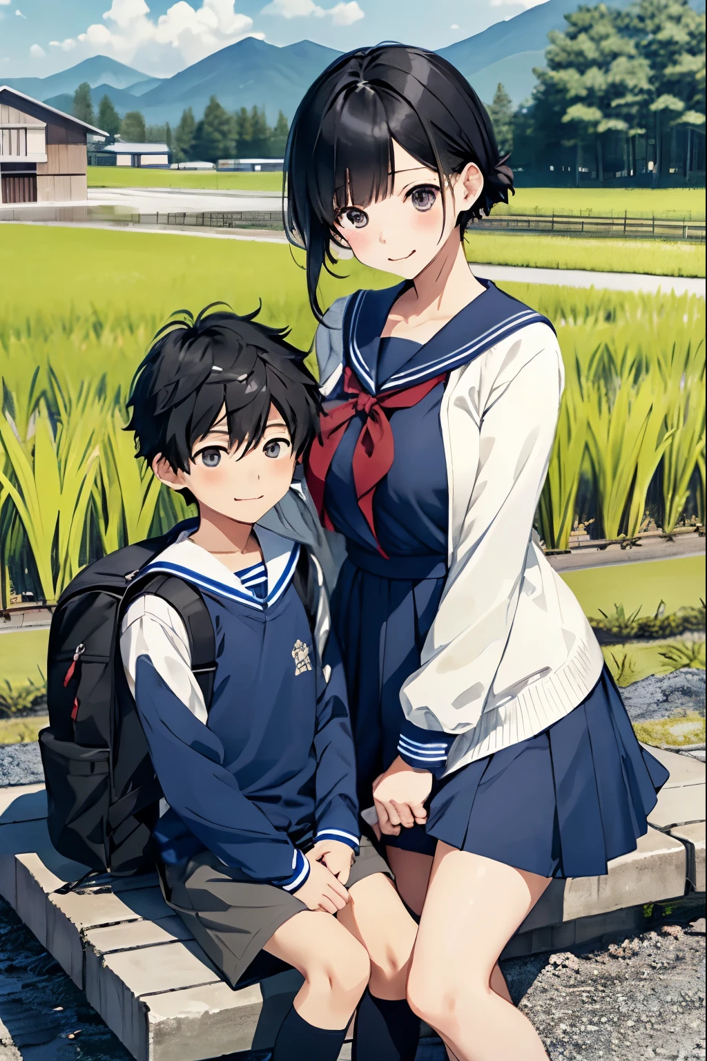 An older sister who is a high school student and her younger brother who is an elementary school student sit happily together.、Two people with height difference、Tall women and short men、(high school girl、Perfect beautiful girl、A neat sailor suit based on navy blue、Long sleeve、big breast body shape、Dark blue skirt for the lower part of the body、Thighs、Black Hair、)、((Small elementary school boy、Cute little boy、Neutral face、Perfect Bishonen、Shy expression in elementary 、Shorts and backpack、Black Hair、))Japanese countryside、Rice field road、wood、Siblings