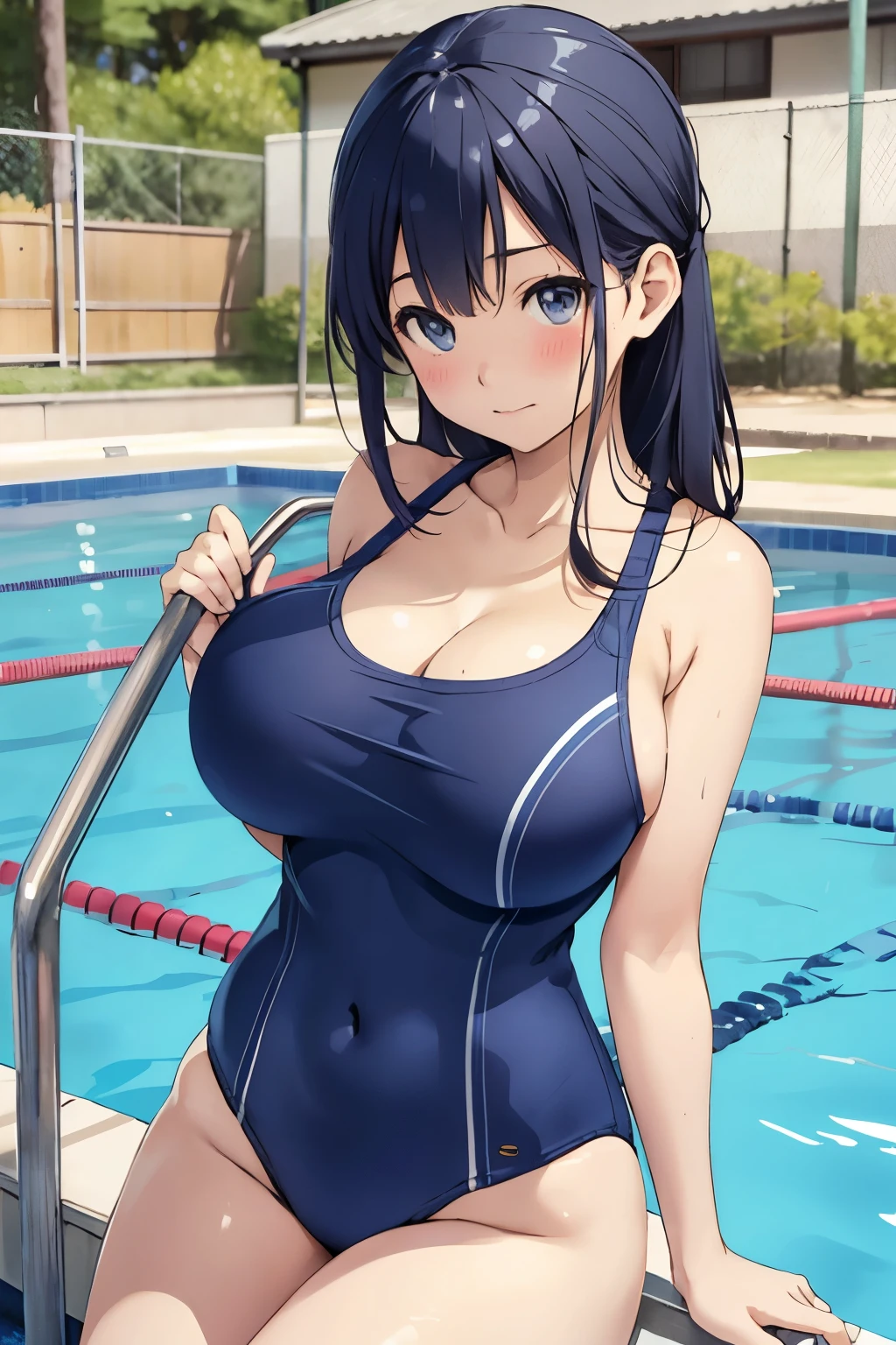 beautiful girl、high school girl、Shy expression、Navy blue school swimsuit、big breast body shape、Japan School Pool