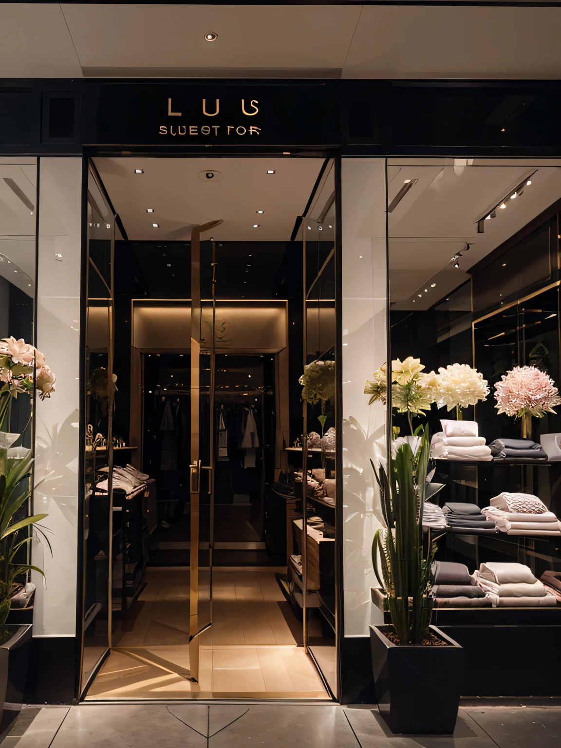 luxury clothing store, made with sustainable lotus flower fiber material, store window, clear and visible colors