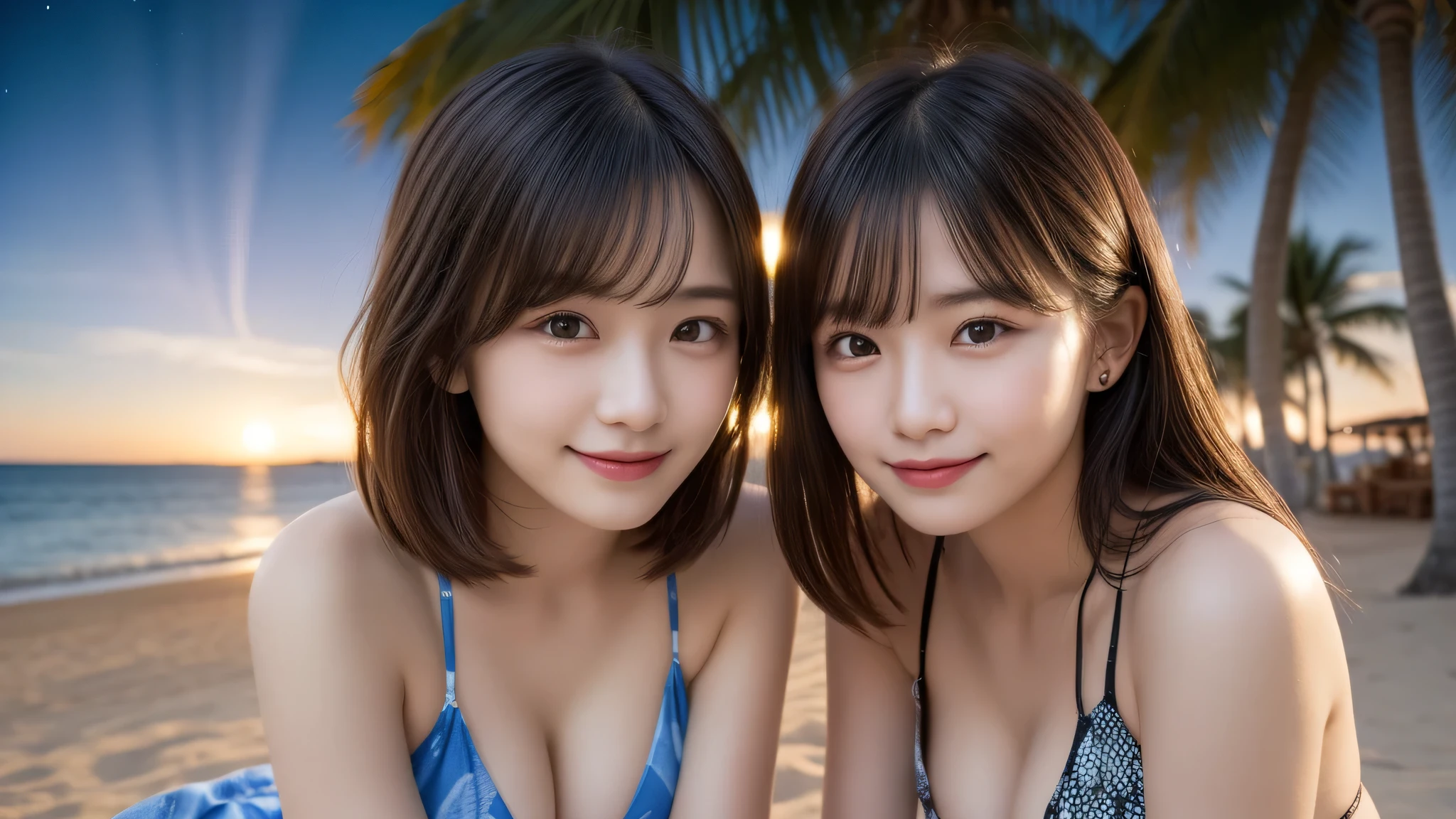 (2young girl:1.2), yo, (bob hair), (happy smile:1.2), (big round eyes:1.2), (patterned bikini:1.2), (cleavage), (Best Quality:1.4), Realistic, extremely detailed CG unified 8k wallpaper, highly detailed, High-definition raw color photos, professional photography, Realistic portrait, Beautiful detailed, (Fine face:1.2), Close up portrait of girl, Outdoors, (beach, Palm tree), (beach at night:1.4), (aurora in the sky),