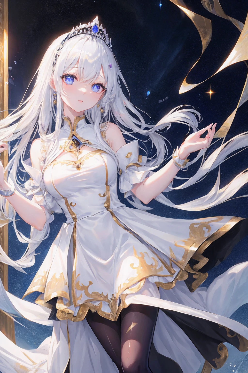 (((Highest品質、masterpiece、Normal body、8k、Detailed face、Ultra-precision、Normal hand、通常のrefer to、5refer to、Highest)))Golden and silver hair、Princess、Absolute existence、twilight dress、White and black skirt、Shiny Tiara、Metal Boots、Death's Scythe、Game Size、grim Reaperの鎌、disaster々New Scythe、disaster々aura、Reap the Soul、death penalty、grim Reaper、grim Reaper、collapsing universe、Dimensional Destruction、The End of the Galaxy、Ready for battle、Death's Scytheを振りかぶる、He lowered his waist, With a scythe in each hand、Swing it over your shoulder.