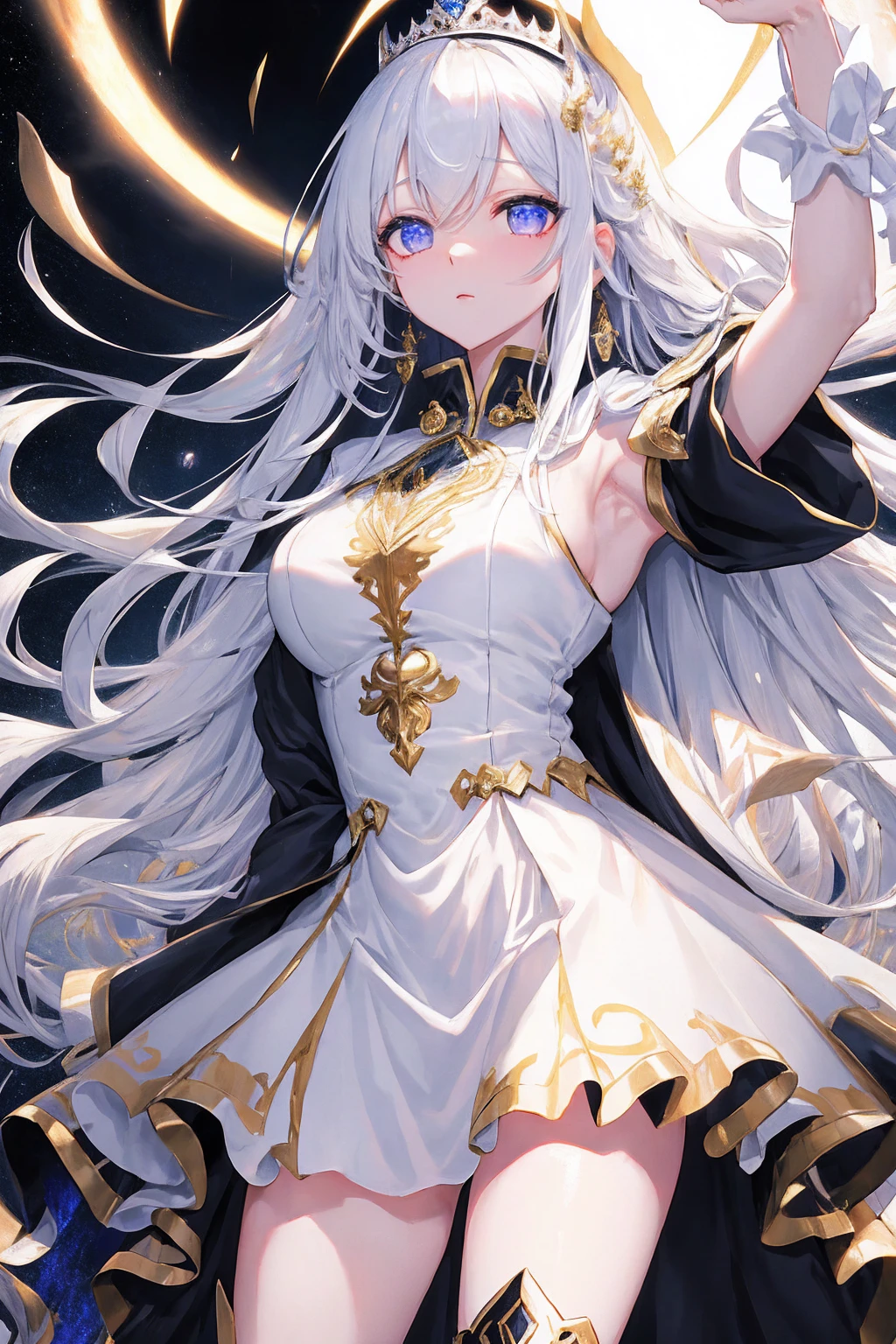 (((Highest品質、masterpiece、Normal body、8k、Detailed face、Ultra-precision、Normal hand、通常のrefer to、5refer to、Highest)))Golden and silver hair、Princess、Absolute existence、twilight dress、White and black skirt、Shiny Tiara、Metal Boots、Death's Scythe、Game Size、grim Reaperの鎌、disaster々New Scythe、disaster々aura、Reap the Soul、death penalty、grim Reaper、grim Reaper、collapsing universe、Dimensional Destruction、The End of the Galaxy、Ready for battle、Death's Scytheを振りかぶる、He lowered his waist, With a scythe in each hand、Swing it over your shoulder.