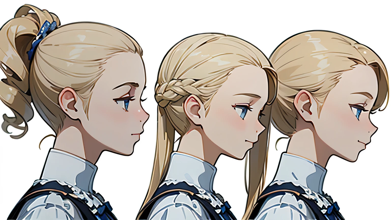 ((Best quality)), ((masterpiece)), ((realistic)) , Blonde girl, hair styled in 18th century style, relaxed happy face ((slim)) 18th century French blue dress (((detailed character sheet, front view, side view, three quarter view))) (((White background))) 6 and a half heads whole