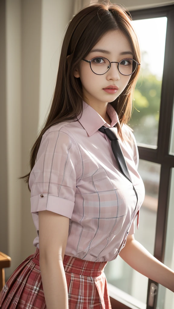 Generated using SFW, 1. Ms., ((Portrait)), Angry face, Upper body shot:1.21, night, Sunset, The window of a classroom, (best quality:1.4), 32k resolution, (Practical:1.5), (超Practical:1.5), High resolution UHD, (masterpiece:1.2)), (quality improvement:1.4), Perfect anatomical structure:1.21, Japanese, , (Looking at the camera), (Silver-rimmed glasses), (high school:1.21), (Line pattern tie:1.21), (Light pink collared short-sleeved shirt:1.21), (red check skirt:1.21), Super fine five fingers, Symmetrical eyes, Natural Makeup, Shiny hair, brown hair dancing in the wind, (Straight Hair:1.37), ((Keen eye for quality:1.2)), (tired, Sleepy and satisfied:0.0), (Beautiful lips:1.33), (Big nose:1.2), (slim body:1.2, Medium gain), (Slim lower body), Complex shadows and lights, Evocative and spectacular cinematic lighting