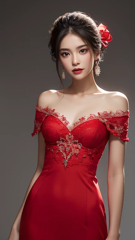 White background、Professional Lighting、Translucent skin texture、Beautiful Skin、Off the shoulder、Lace fabric、Red dress