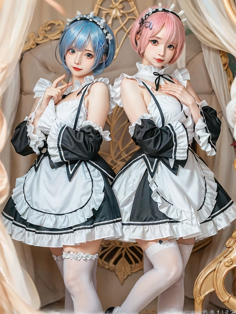 (8K, Photorealistic, Raw photo, of the highest quality: 1.3), (1girl in), Super beautiful, (Realistic face), (boyish, pink Color Berry Shorthair), Beautiful , Glare that captivates the viewer, Beautiful expression, Beautiful breasts, (Realistic skin), Be...Create a detailed and colorful image of Ram and Rem from Re:Zero, standing back-to-back in their maid outfits, with a magical fantasy background、14years old, two girls,cute, perfect face, beautiful, nice body, gothic lolita clothes, gothic lolita fashion, frilly skirt, headdress, necklace, bracelet, knee-high socks, boots, double eyelids, tear bags, Detailed down to the fingers, photo-like description, indoors, dim indoor lighting, one girl is pink hair and short bob, another girl is light blue hair and short bob,standing,whole body, composition that shows the whole body, smiling,The Both of them are wearing the same type of maid outfit,Optimal ratio of 4 fingers and 1 thumb