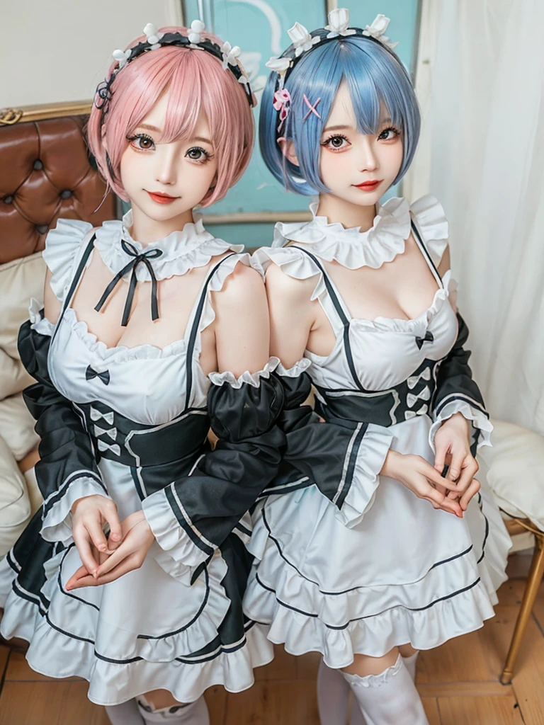 (8K, Photorealistic, Raw photo, of the highest quality: 1.3), (1girl in), Super beautiful, (Realistic face), (boyish, pink Color Berry Shorthair), Beautiful , Glare that captivates the viewer, Beautiful expression, Beautiful breasts, (Realistic skin), Be...Create a detailed and colorful image of Ram and Rem from Re:Zero, standing back-to-back in their maid outfits, with a magical fantasy background、14years old, two girls,cute, perfect face, beautiful, nice body, gothic ta clothes, gothic loliashion, frilly skirt, headdress, necklace, bracelet, knee-high socks, boots, double eyelids, tear bags, Detailed down to the fingers, photo-like description, indoors, dim indoor lighting, one girl is pink hair and short bob, another girl is light blue hair and short bob,standing,whole body, composition that shows the whole body, smiling,The Both of them are wearing the same type of maid outfit,Optimal ratio of 4 fingers and 1 thumb