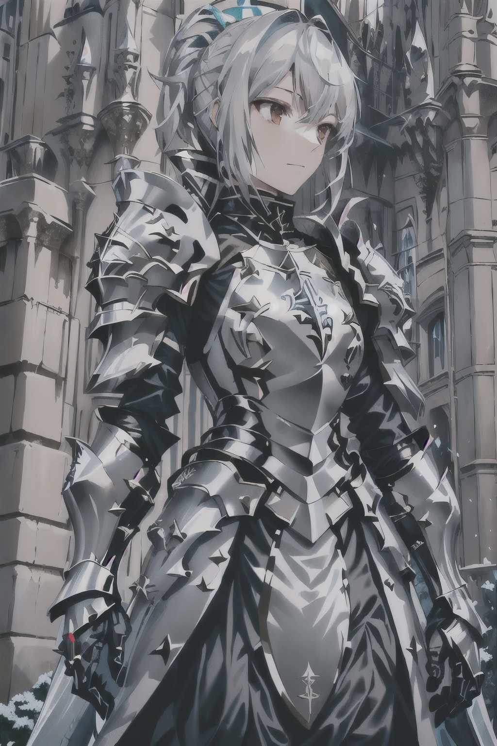 a close up of a person in armor standing in front of a building, with sleek silver armor, thick armor, armor girl, covered in full metal armor, with sleek silver metal armor, with a light leather armor, covered in full silver armor, shining plate armor, artoria pendragon, wearing shining plate armor, clothed in battle armor, pale black armor