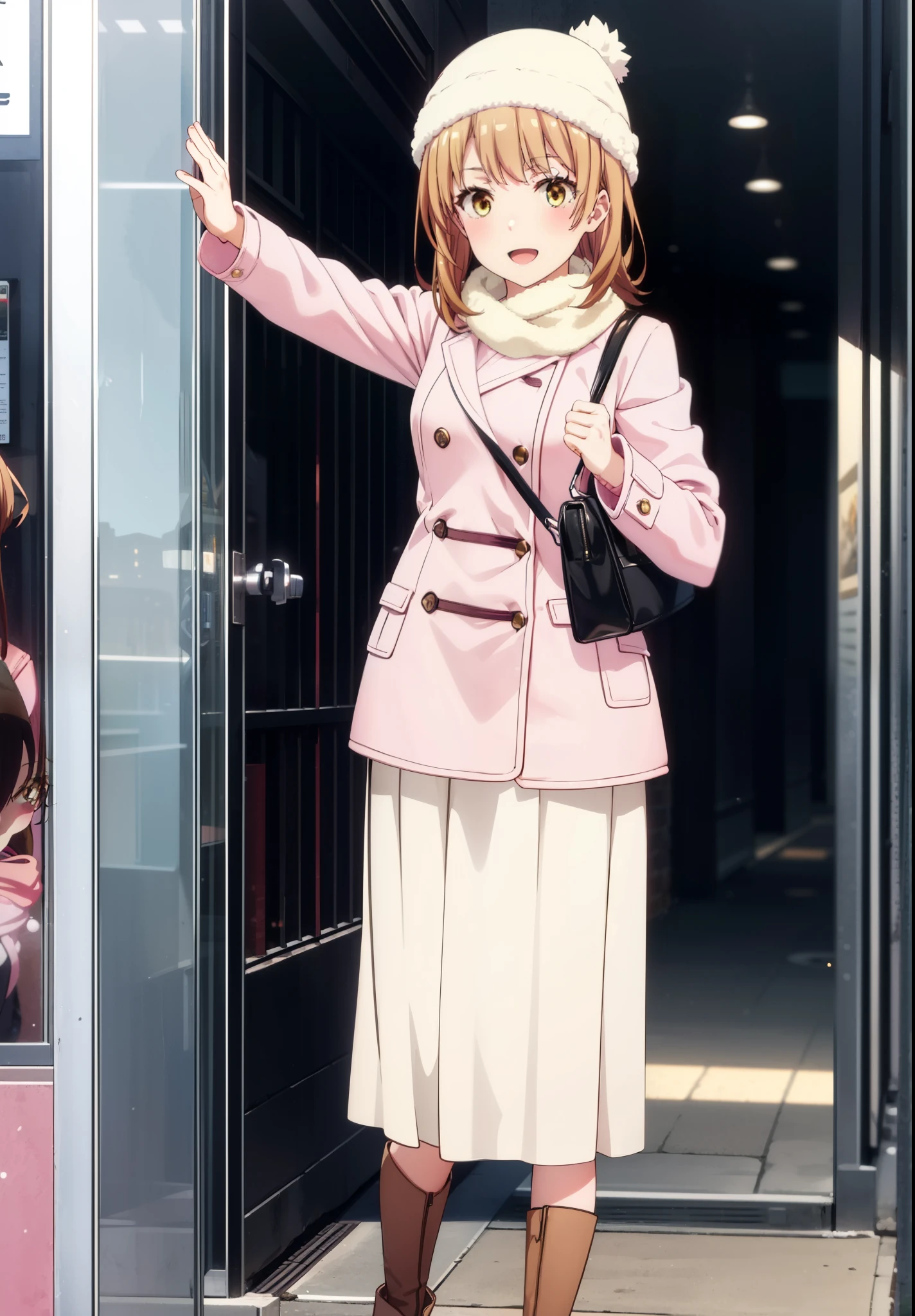 irohaisshiki, Iroha Isshiki, Long Hair, Brown Hair, (Brown eyes:1.5), happy smile, smile, Open your mouth,smile,blush,Pink coat coat,White scarf,White sweater,White handbags,Knitted hat、Long skirt,Black pantyhose,short boots,it's snowing,It's snowing,winter,Cold Sky,moonlight,full moon,night break looking at viewer, whole body, Upper Body,(Cowboy Shot:1. 5) break outdoors, Residential Street, break (masterpiece:1.2), highest quality, High resolution, unity 8k wallpaper, (shape:0.8), (Fine and beautiful eyes:1.6), Highly detailed face, Perfect lighting, Highly detailed CG, (Perfect hands, Perfect Anatomy),