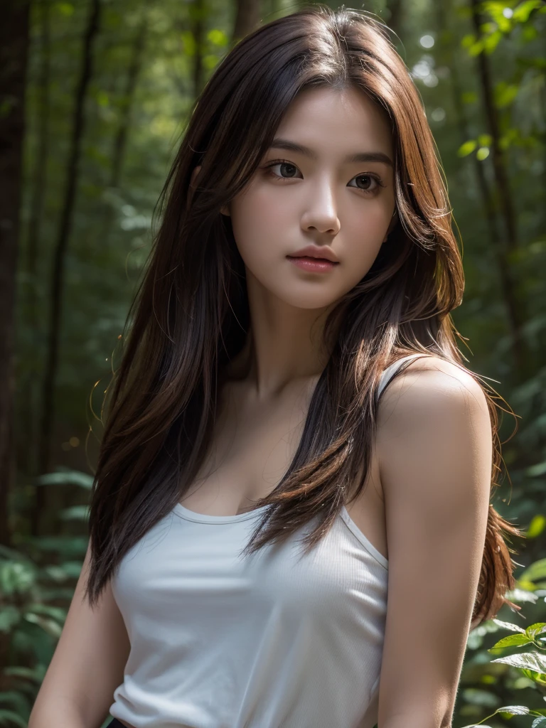 best qualtiy, tmasterpiece, Ultra-high resolution,（realisticlying:1.6), RAW photograph, 1girl, mid body, in the darkness nigth, deep shading, low tune,soft d light, looking to the camera, Sexy look, long brown hair, daylight, outdoor, forest  background, jeep,

