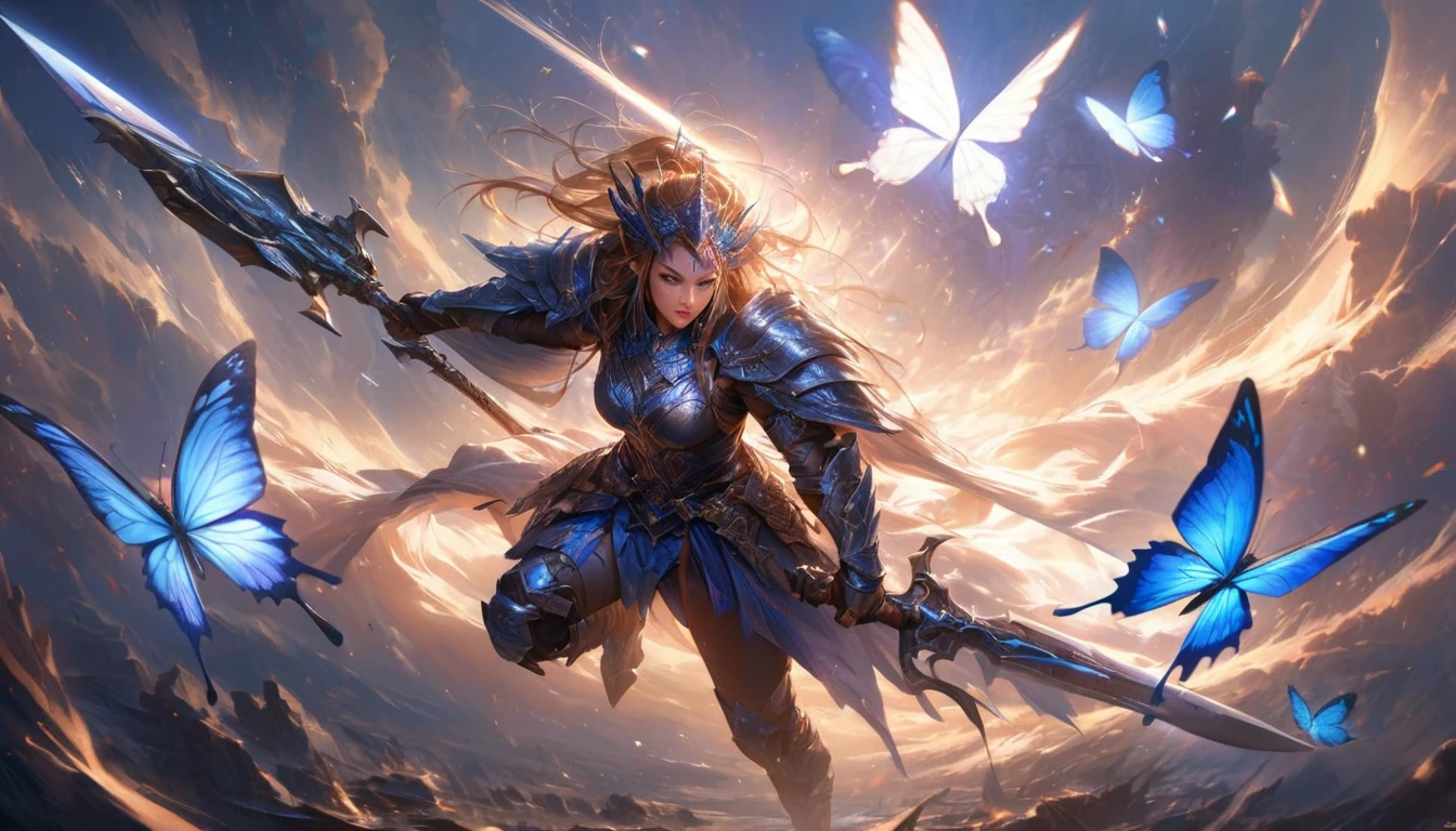 (best quality,ultra-detailed,realistic:1.37), anthropomorphic blue butterfly, fierce warrior, soaring through the sky, engaged in an epic air battle. The scene is set amidst a mesmerizing lighting in the air, creating a dark fantasy ambiance. The artwork is depicted with sharp focus, allowing for intricate details to be highlighted, with vibrant colors that enhance the ethereal lighting.