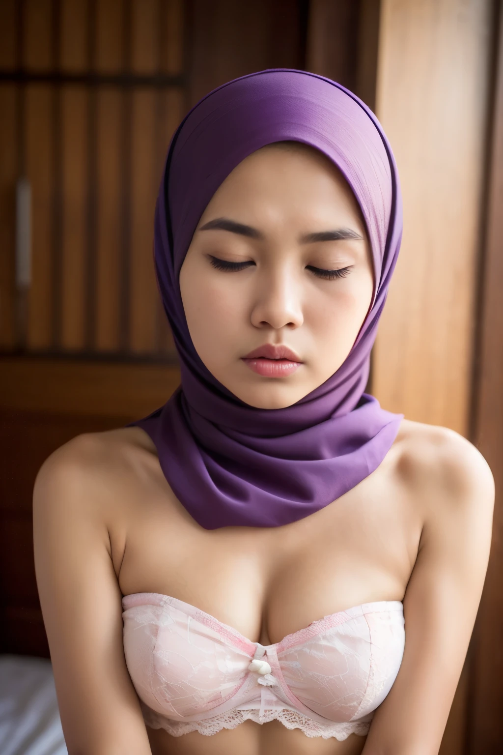 ((Closed Eyes)), ((Strapless Colourful bra Flat Chest)), Naked, Angry pose, Angry face, (((HIJAB MALAY GIRL))), masutepiece, High quality, UHD 45K, Realistic face, Realistic skin feeling , A Japanese Lady, 8 years old, , Very cute and baby-like face, (((FLAT CHEST))), (MATRIX WORLD), ((look In front  at the camera and SADNESS)), ((())), (((CUTE GIRL))), ((SILVER PASTEL LIPS)), ((SATIN LACE)), ((CHUBBY)), ((UNDRESS)). Brown, Flat Chest, Wearing G-String. Sitting