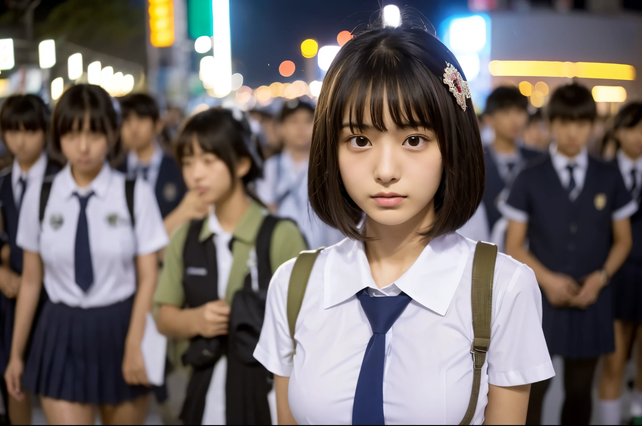 (Uniform without sleeves:1.3) high school girl　White cotton shirt　Big Breasts　Very detailed　super high quality　super high quality　Surreal　photograph　3 Japanese girls　(Each girl has a different hairstyle randomly、A different face:1.3) 　Fair skin　16 years old　((Half-open lips:1.3))　Beautiful and soft skin　((Beautifully styled straight short hair))  Beautiful and perfect body　very cute　Beautiful young man with clear skin々New Skins　16 years old　(ノースリーブのシャツを着たhigh school girl) Big Breasts　whole body　Everyday City　Busy city　　((night))　audience&#39;perspective　　Front view　　(Big Breasts:1.3)   (Cleavage)　(Amazingly cute girl:1.3)　　(whole bodyポートレート)　