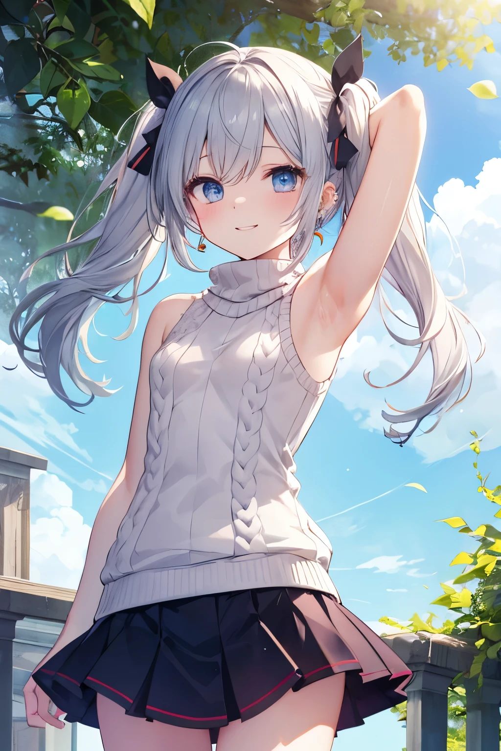 Silver-haired blue eyes、 girl、Small breasts、Twin tails、Laughter、Nico Nico Smile、Wink、 girl、Looks about 、Petan Musume、short、There are highlights in the eyes、Gal-like appearance、Wearing piercings、Knit sweater, sleeveless, body line, underarm、mini skirt、The wind is blowing and my panties are showing through my skirt、It was so hot that I sweated、blue sky、Light and cute、Show your armpits、Side view