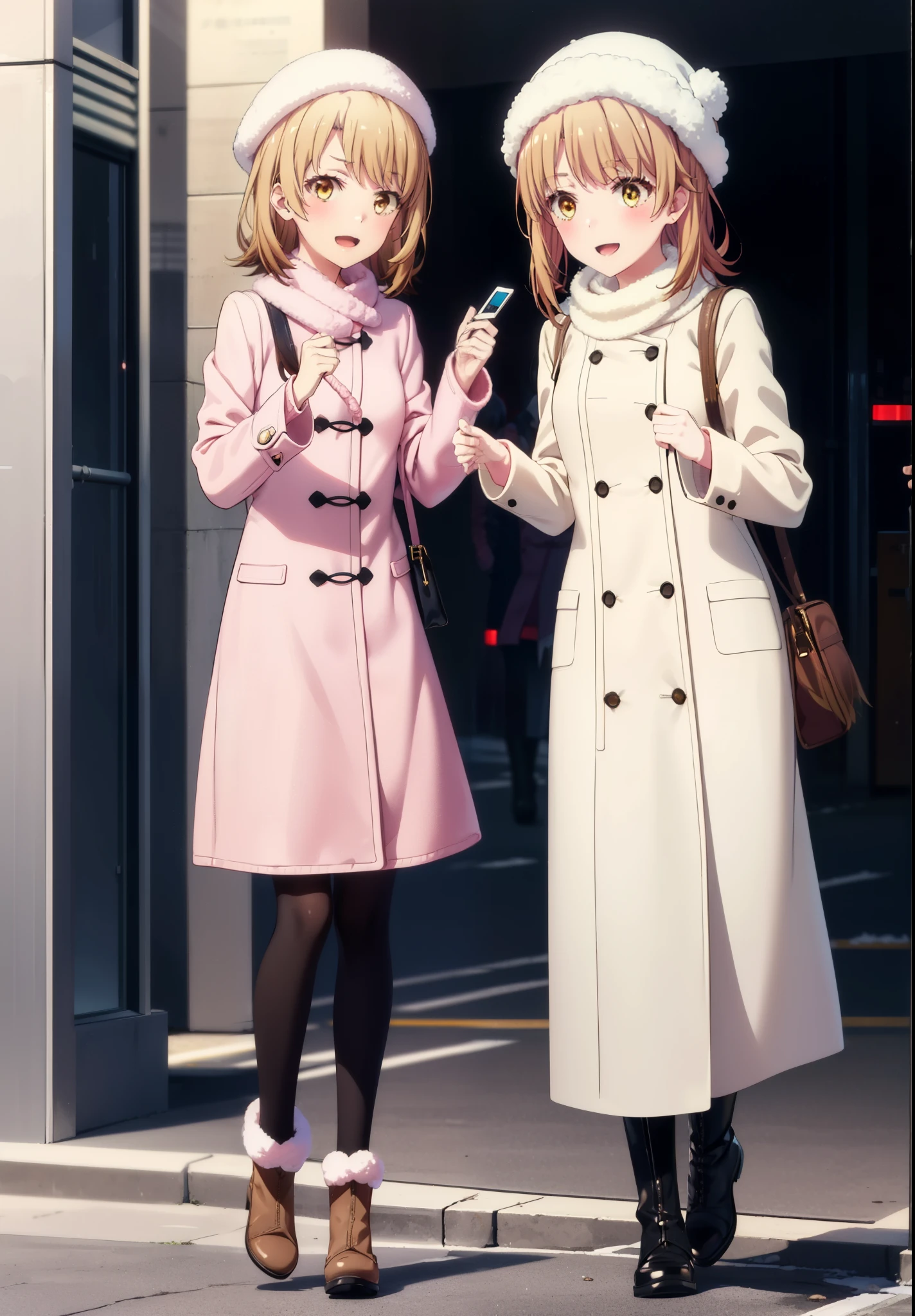 irohaisshiki, Iroha Isshiki, Long Hair, Brown Hair, (Brown eyes:1.5), happy smile, smile, Open your mouth,smile,blush,Pink coat coat,White scarf,White sweater,White handbags,Knitted hat、Long skirt,Black pantyhose,short boots,it&#39;s snowing,It&#39;s snowing,winter,Cold Sky,moonlight,full moon,night　　　　　　　　　　　　　 break looking at viewer, whole body, Upper Body,(Cowboy Shot:1. 5)　　　　　　　　　　　　　　　　break outdoors, Residential Street, break (masterpiece:1.2), highest quality, High resolution, unity 8k wallpaper, (shape:0.8), (Fine and beautiful eyes:1.6), Highly detailed face, Perfect lighting, Highly detailed CG, (Perfect hands, Perfect ???????),
