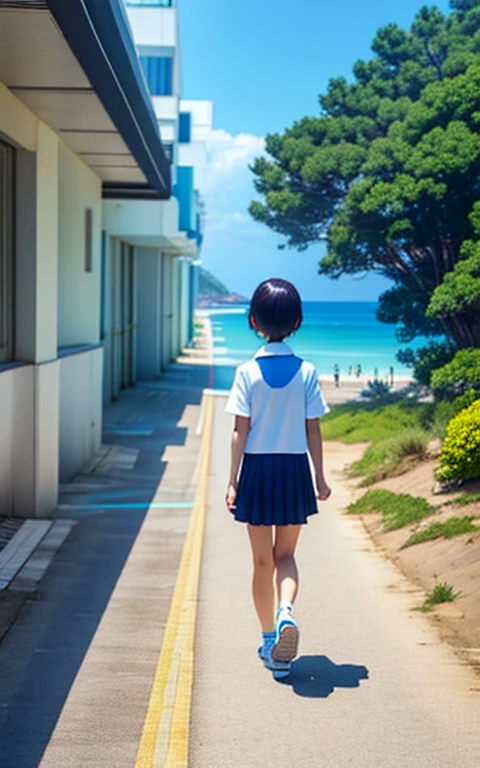 Walk along the coast、、girl、alone、solo。、mini skirt