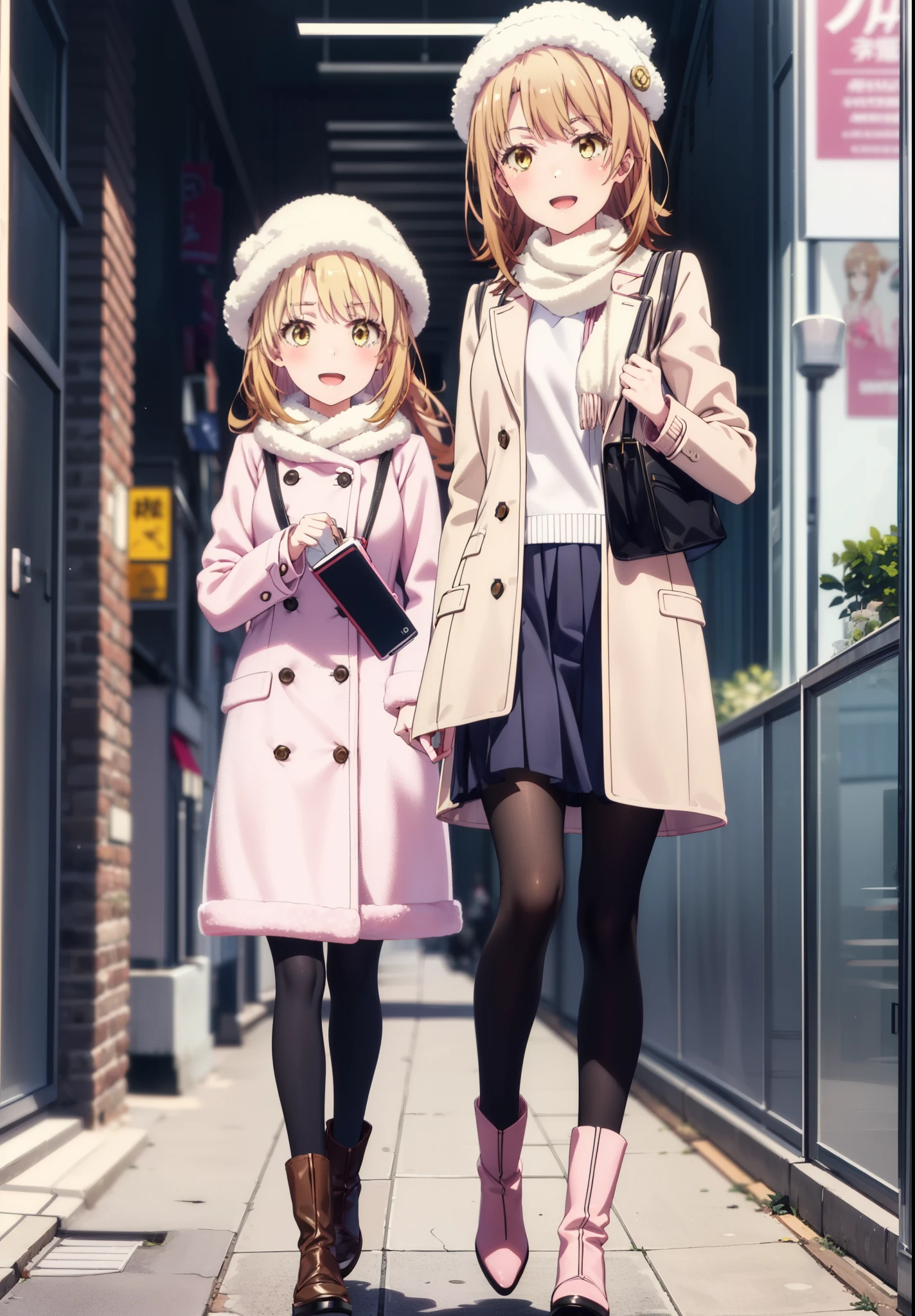 irohaisshiki, Iroha Isshiki, Long Hair, Brown Hair, (Brown eyes:1.5), happy smile, smile, Open your mouth,smile,blush,Pink coat coat,White scarf,White sweater,White handbags,Knitted hat、Long skirt,Black pantyhose,short boots,it's snowing,It's snowing,winter,Cold Sky,moonlight,full moon,night break looking at viewer, whole body, Upper Body,(Cowboy Shot:1. 5) break outdoors, Residential Street, break (masterpiece:1.2), highest quality, High resolution, unity 8k wallpaper, (shape:0.8), (Fine and beautiful eyes:1.6), Highly detailed face, Perfect lighting, Highly detailed CG, (Perfect hands, Perfect Anatomy),