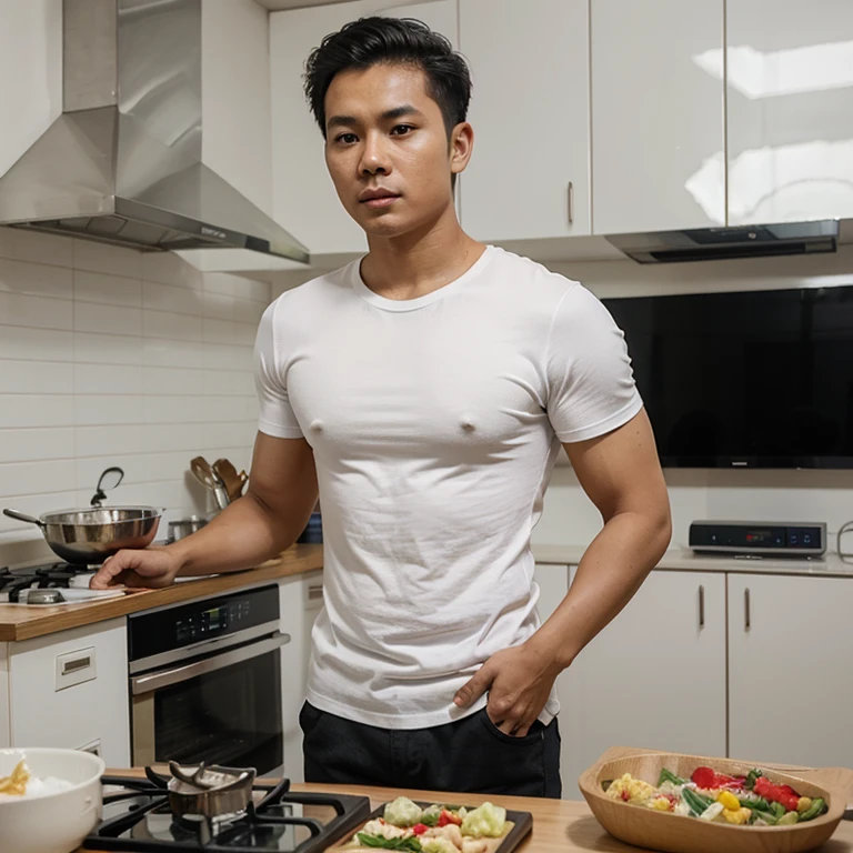 Indonesian guy,25 year old,classic back hair,white t shirt,cooking a meal,in station tv