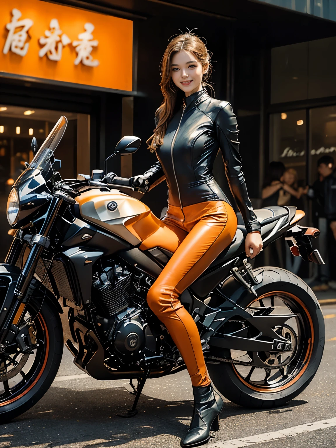((highest quality)), ((masterpiece)), ((Perfect Face))、((Detailed Motorcycle))、Detailed and clear photos、((Riding on motorcycle))、Slender body、Long legs、Full Body Shot、smile、((Orange long sleeve riding suit and leather pants))