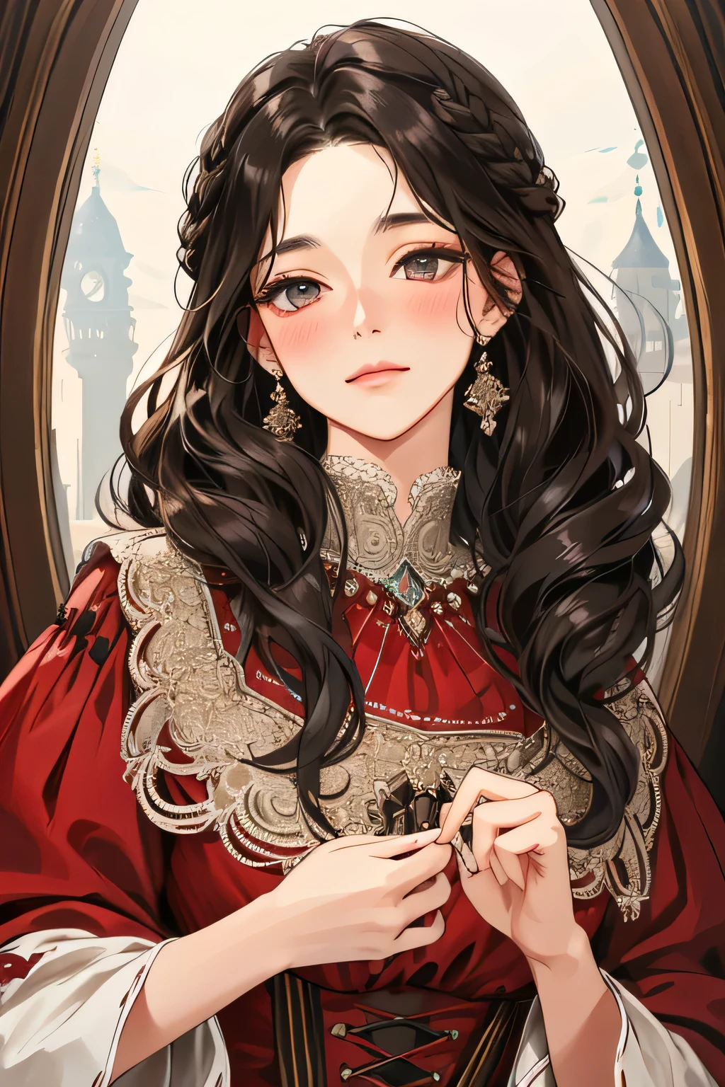 (extreamly delicate and beautiful:1.2), 8K,(masterpiece:1.0),(best_quality:1.0), 1 girl, and intricate detailing, Enlarged textures, and intricate detailing, finely eye and detailed face, and intricate detailing, shiraga, black long curl hair, (closed mouths), Perfect eyes, Equal eyes, carolina eyes (A famale god) classic red dress modern, look at camera, look 50 years old, blush