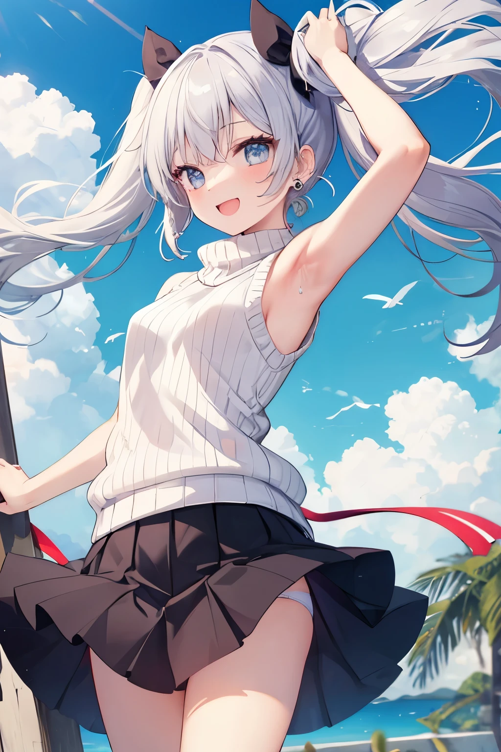 Silver-haired blue eyes、 girl、Twin tails、Laughter、Nico Nico Smile、Wink、 girl、Looks about 、Petan Musume、short、There are highlights in the eyes、Gal-like appearance、Wearing piercings、Knit sweater, sleeveless, body line, underarm、mini skirt、The wind is blowing and my panties are showing through my skirt、It was so hot that I sweated、blue sky、Light and cute、Show your armpits、Side view