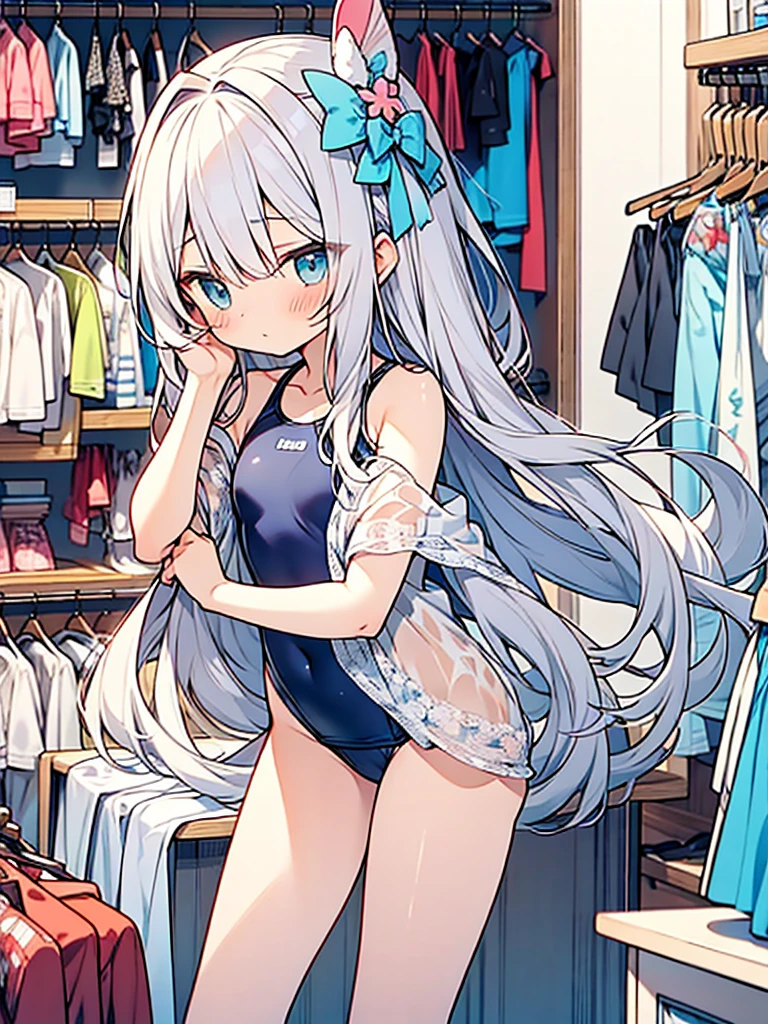 kawaii shota,light blue long loose hair,Choose a swimsuit at a department store,shy,