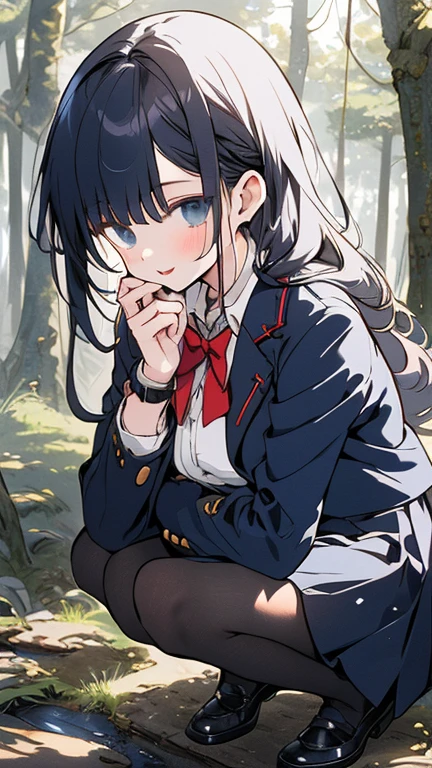 (best quality), (very aesthetic), (ultra-detailed), (best illustration), 1 girl,high ,school, foot, navy blazer, navy pleated skirt, ,black tights,in the forest, :p,squatting