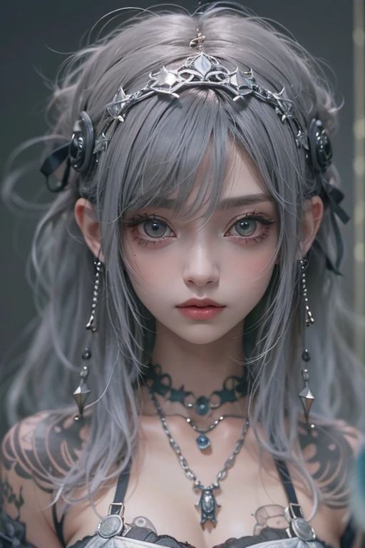 top-quality、8K、​masterpiece：1.3、Gothic punk、Red inner color、A grey dark-haired、hair adornments、a beauty girl、creative、dark fantasy style、Neogos、punk shirt Fashion：1.2、hight resolution、​masterpiece、top-quality、headw:1.3、((Hasselblad photo))、Fine-grained skin、Sharp Focus、(lighting like a movie)、Realistic texture