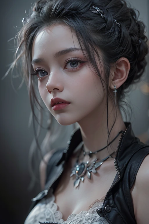 top-quality、8K、masterpiece:1.3、Gothic punk、Red inner color、A grey dark-haired、hair adornments、a beauty girl、creative、dark fantasy style、Neogos、punk shirt Fashion:1.2、hight resolution、masterpiece、top-quality、headw:1.3、((Hasselblad photo))、Fine-grained skin、Sharp Focus、(lighting like a movie)、Realistic texture