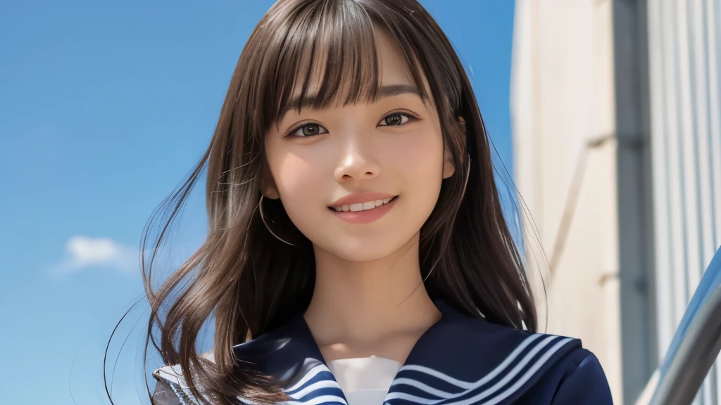 (Realistic: 1.4), (highest quality: 1.4), (Fine grain), Full body shot, ((Under the blue sky)), ((Looking Up)), ((One high school girl)), Black wavy hair, ((Sailor suit)), Wide eyes, Blushed face, ((smile)), Highly detailed face and skin texture, Healthy Skin, 8k resolution